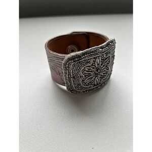 Boho Beaded Cuff Bracelet Metallic Leather Floral Emboss Snap Closure Statement